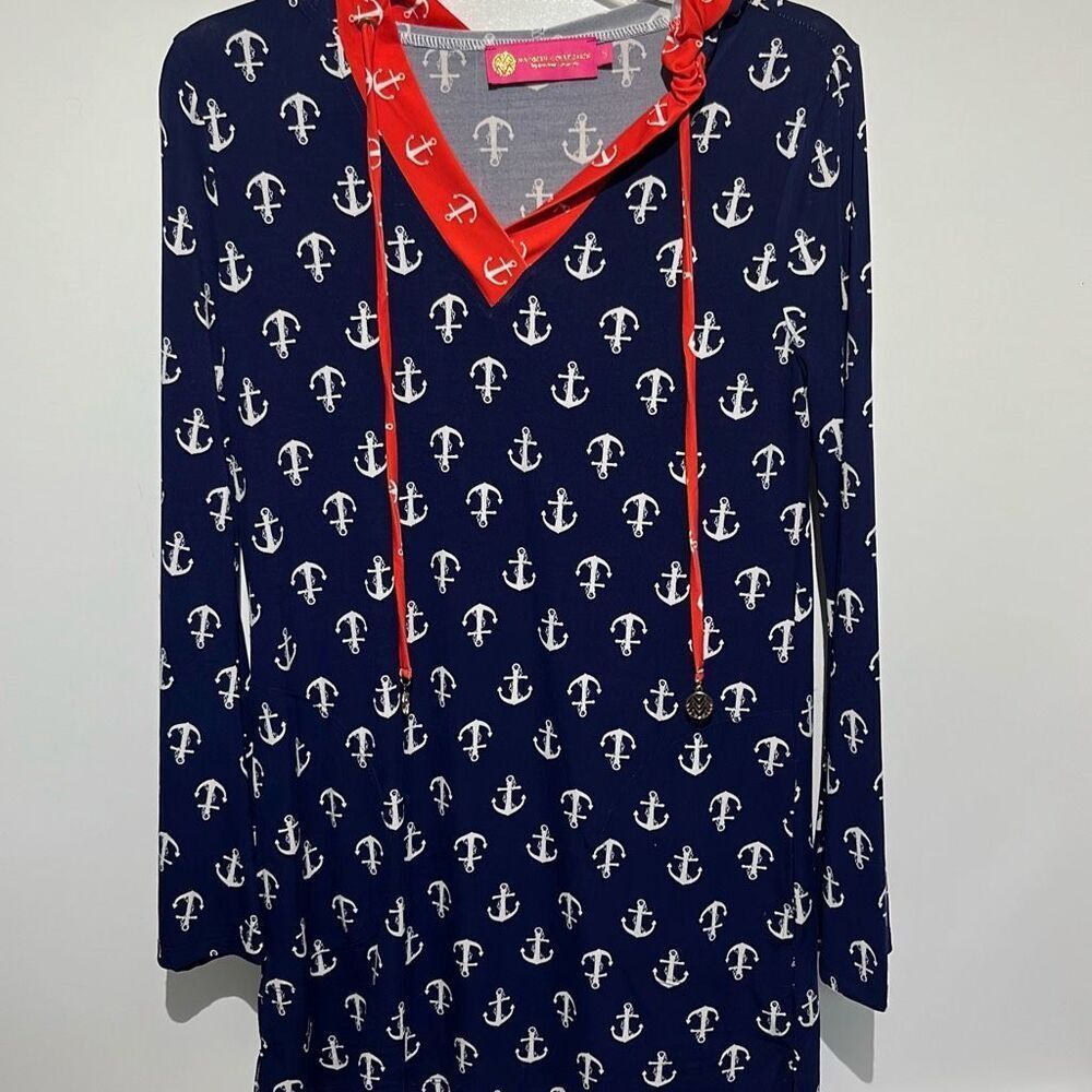 Macbeth Collection Women's Blue Anchor Print Hooded Swim Cover-up Dress Small